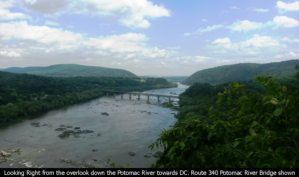 Looking right from the Loudoun Heights overlook down the Potomac River towards DC.  Route 340 Potomac River bridge is shown.