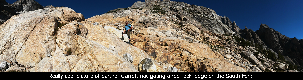 Really cool picture of partner Garrett navigating a red rock ledge on the South Fork