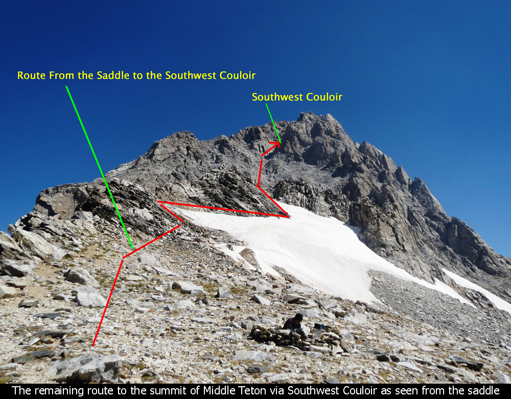 The remaining route to the summit of Middle Teton via Southwest Couloir as seen from the saddle