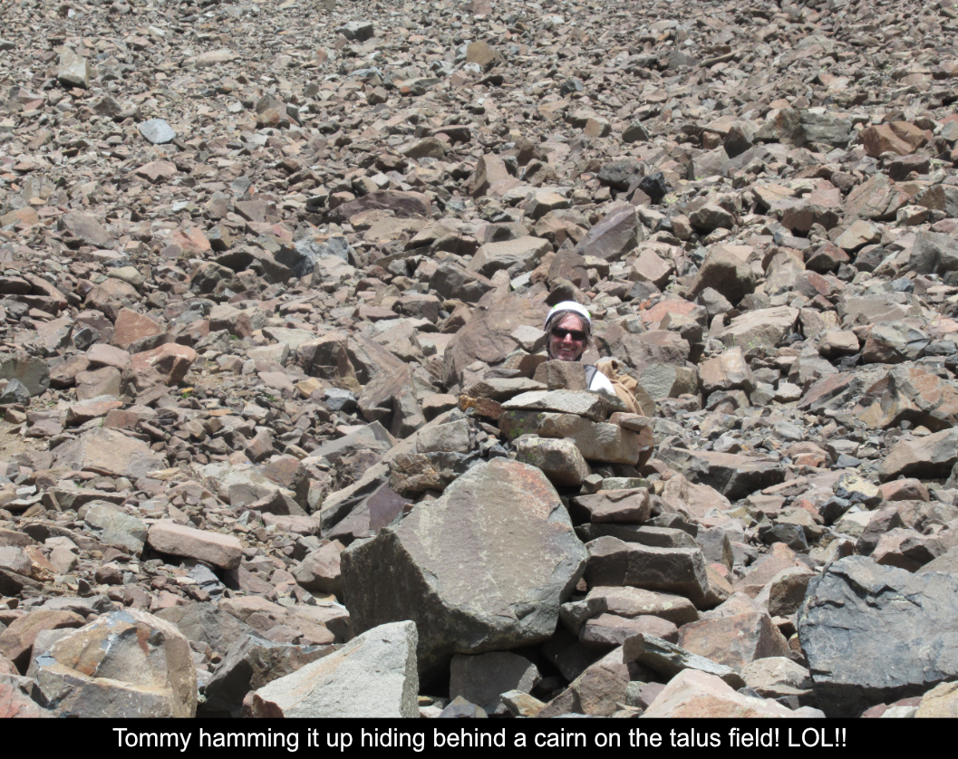 Tommy hamming it up hiding behind a cairn